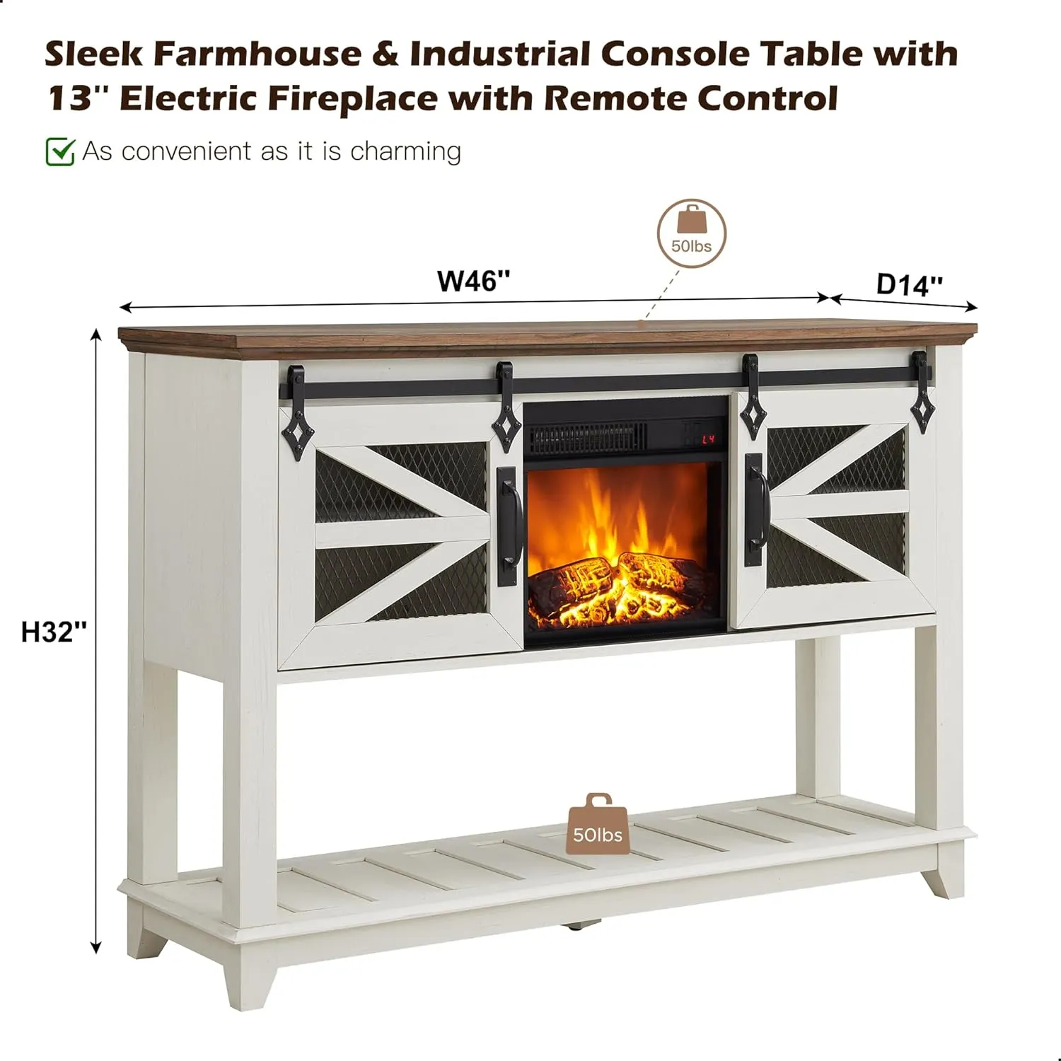 13'' Electric Fireplace Heater & Sliding Barn Doors, 46'' Console Table with Storage