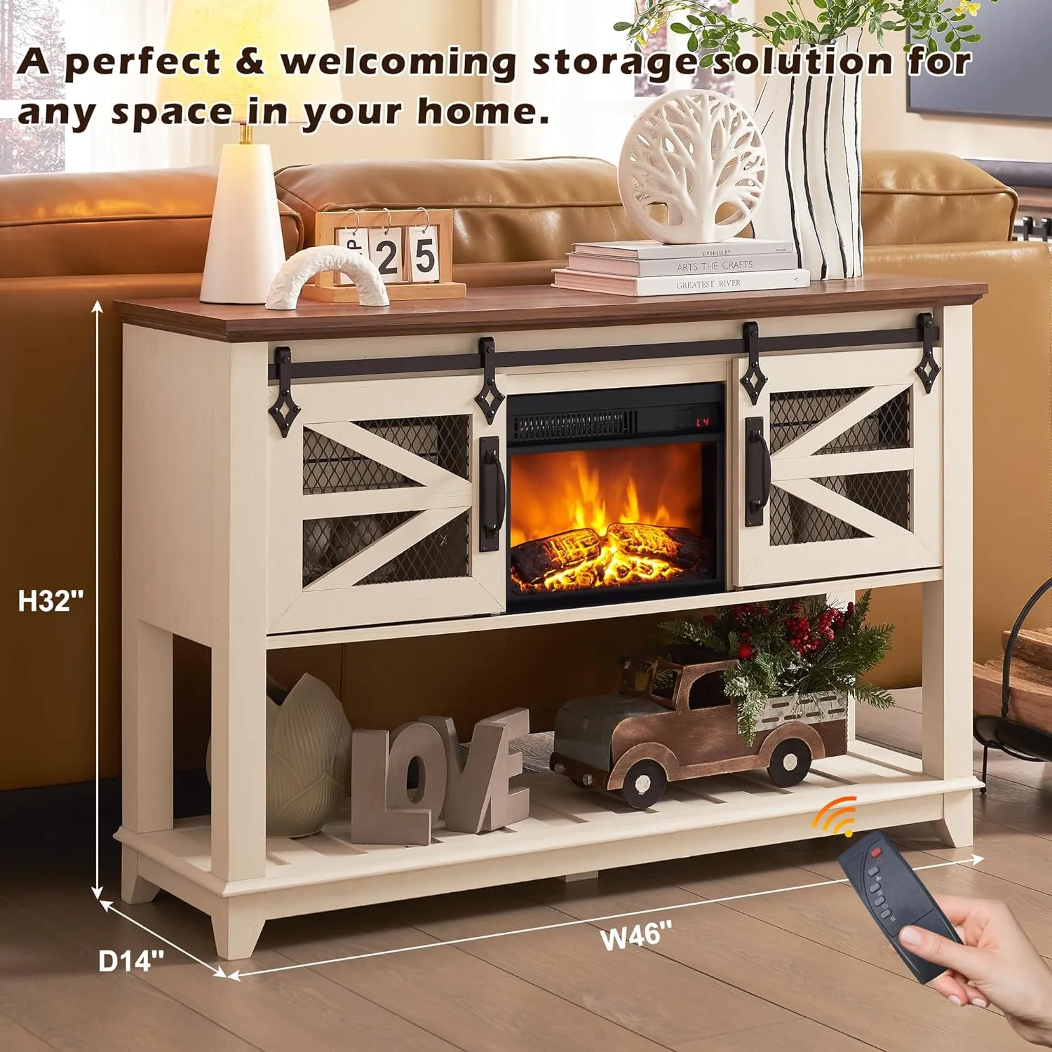 13'' Electric Fireplace Heater & Sliding Barn Doors, 46'' Console Table with Storage