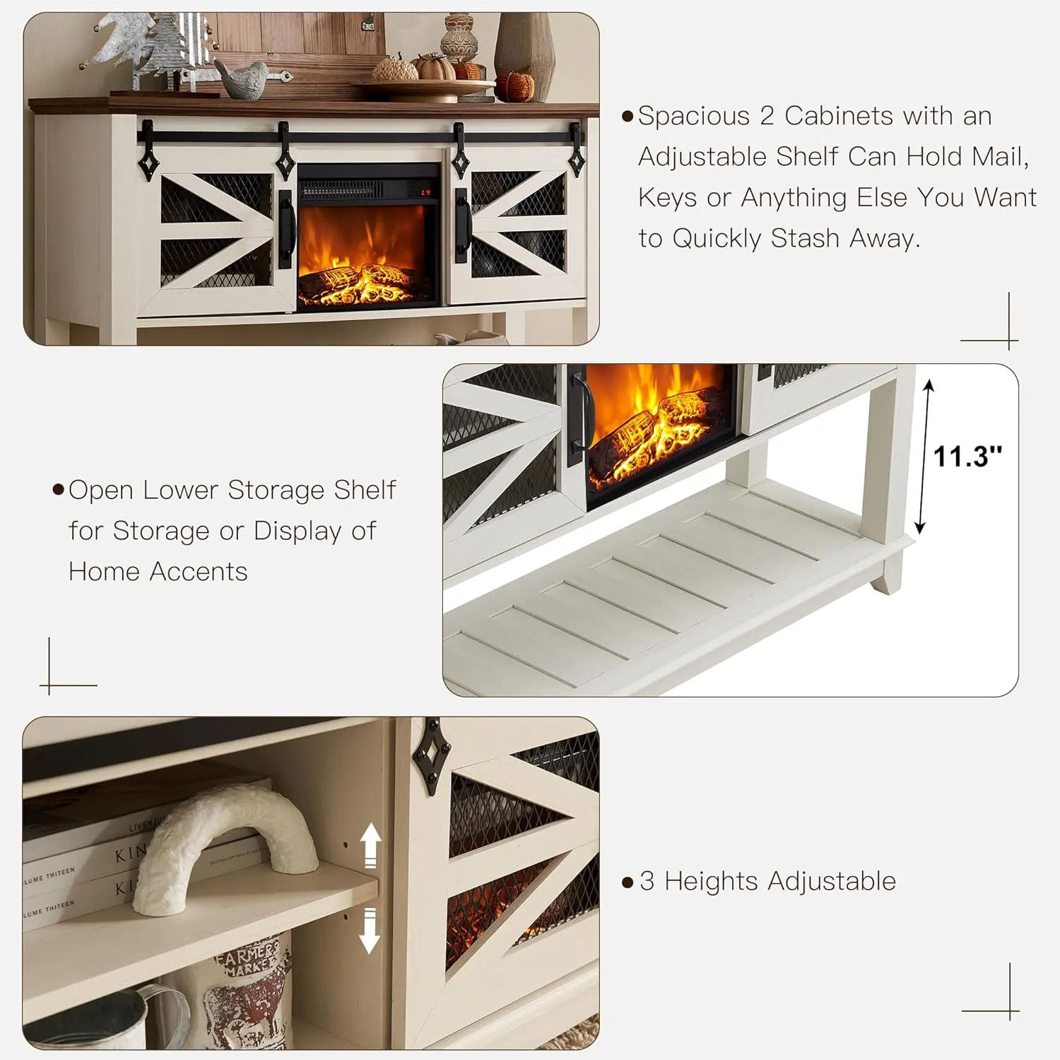 13'' Electric Fireplace Heater & Sliding Barn Doors, 46'' Console Table with Storage