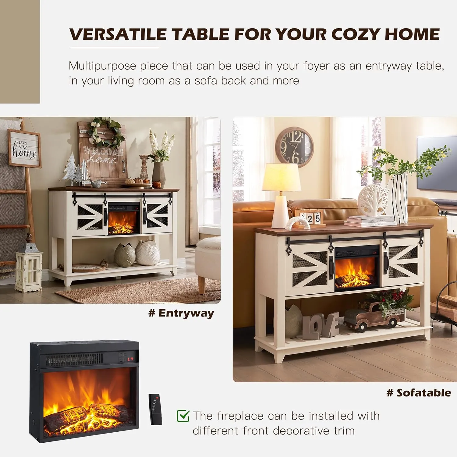 13'' Electric Fireplace Heater & Sliding Barn Doors, 46'' Console Table with Storage