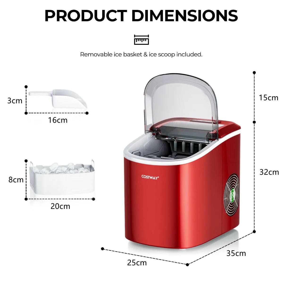 2.2 L Portable Electric Ice Cube Maker with Ice Scoop and Basket-Red
