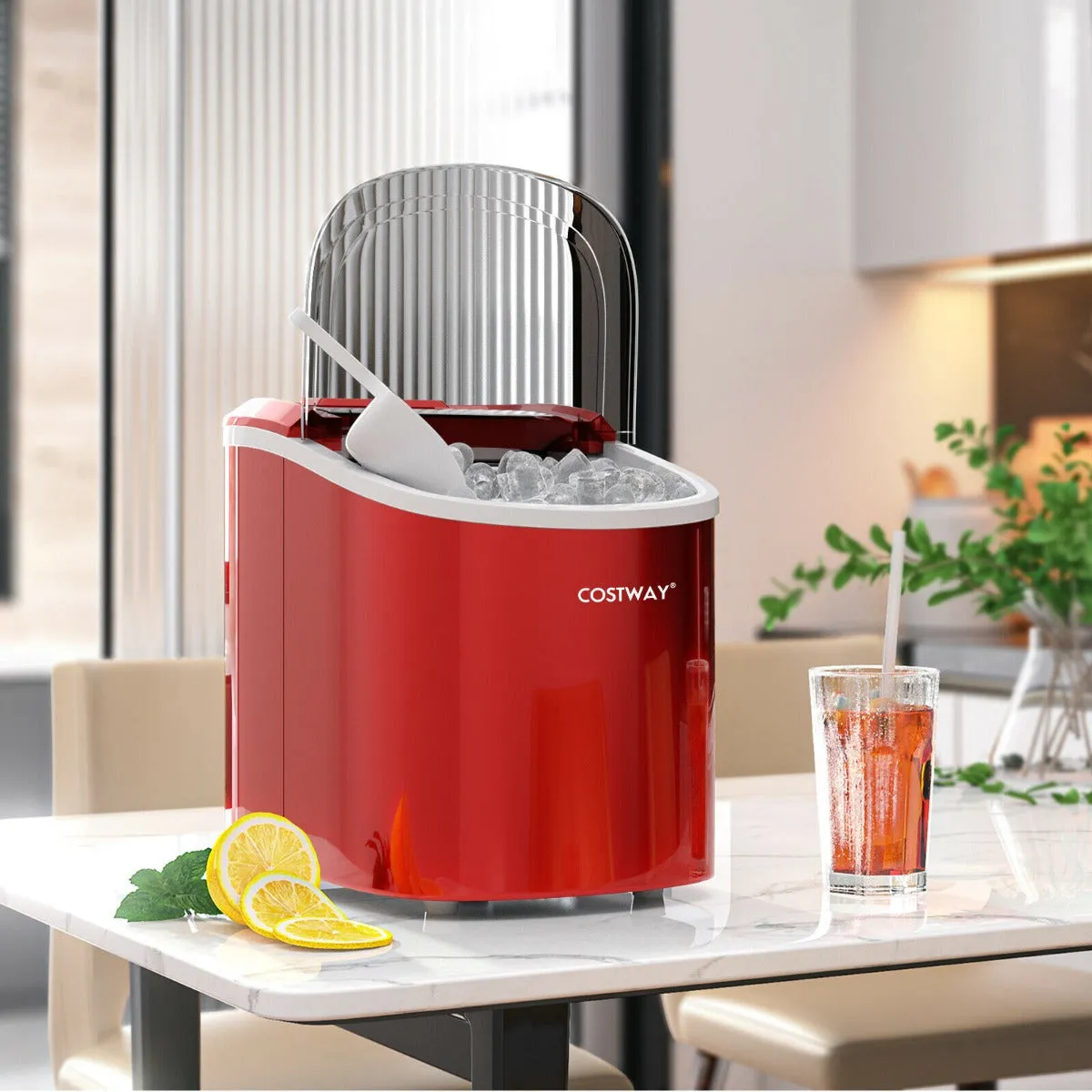 2.2 L Portable Electric Ice Cube Maker with Ice Scoop and Basket-Red