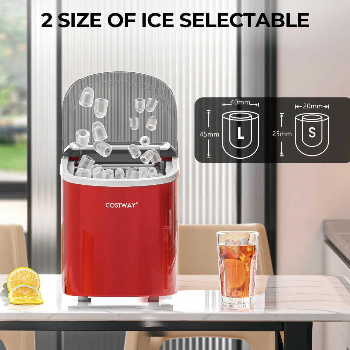 2.2 L Portable Electric Ice Cube Maker with Ice Scoop and Basket-Red
