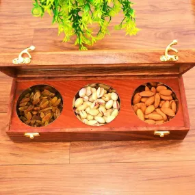 3 Pot ss dry fruit / dry nut box with transparent lid (Wooden)