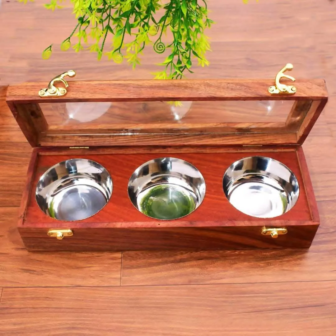 3 Pot ss dry fruit / dry nut box with transparent lid (Wooden)