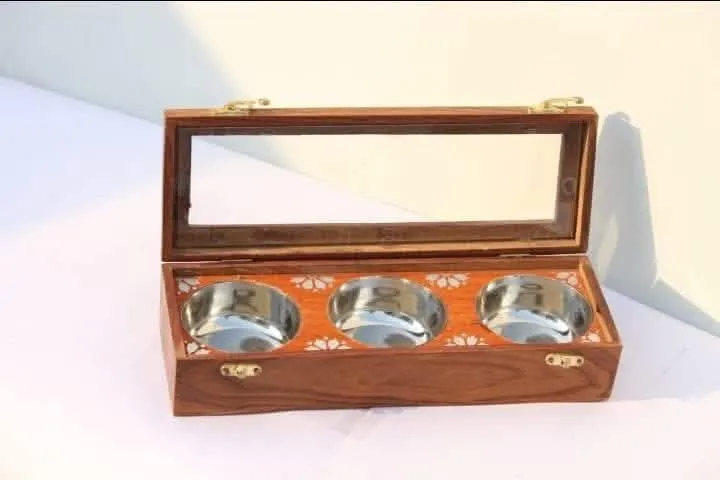 3 Pot ss dry fruit / dry nut box with transparent lid (Wooden)