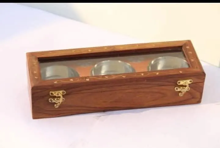 3 Pot ss dry fruit / dry nut box with transparent lid (Wooden)