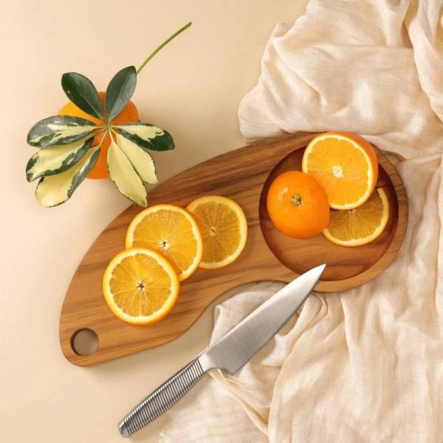 Chopping Board-cum-Service Platter With Collector Bowl | Teak Wood | 14"