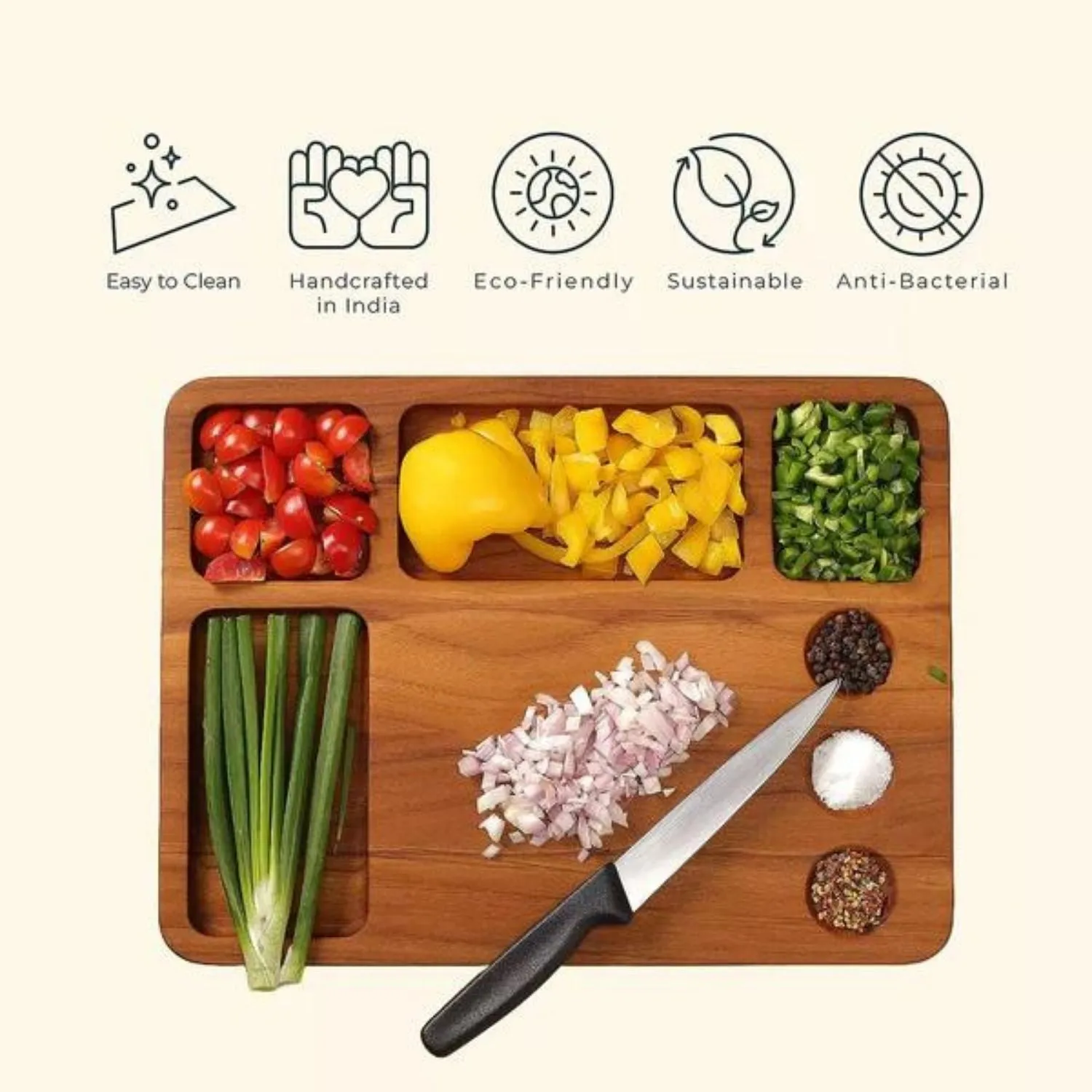 Chopping Board | Functional Design | 4 Large And 3 Condiment Sections | 16"