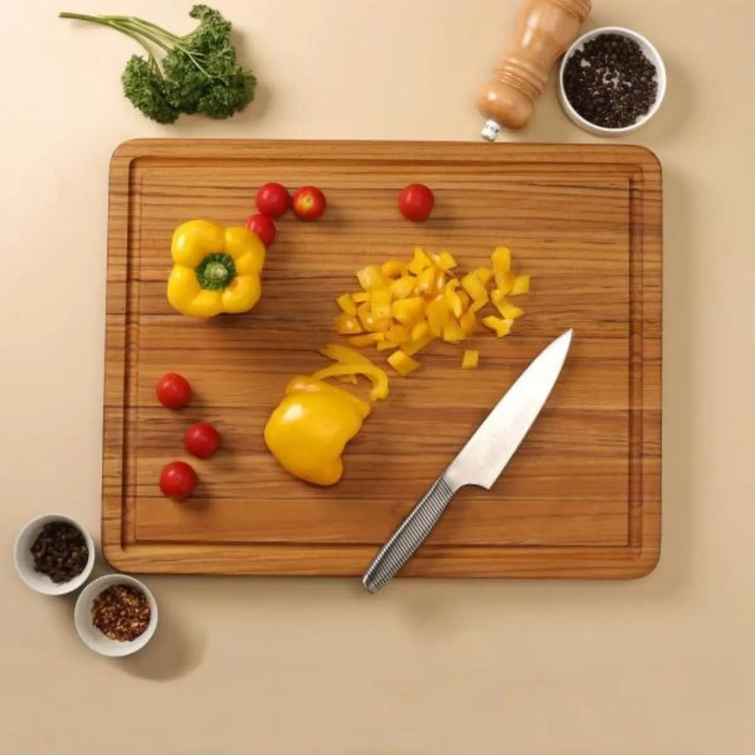 Chopping Board | Premium Teak Wood | Reversible | Juice Groove | Hangable | 17"