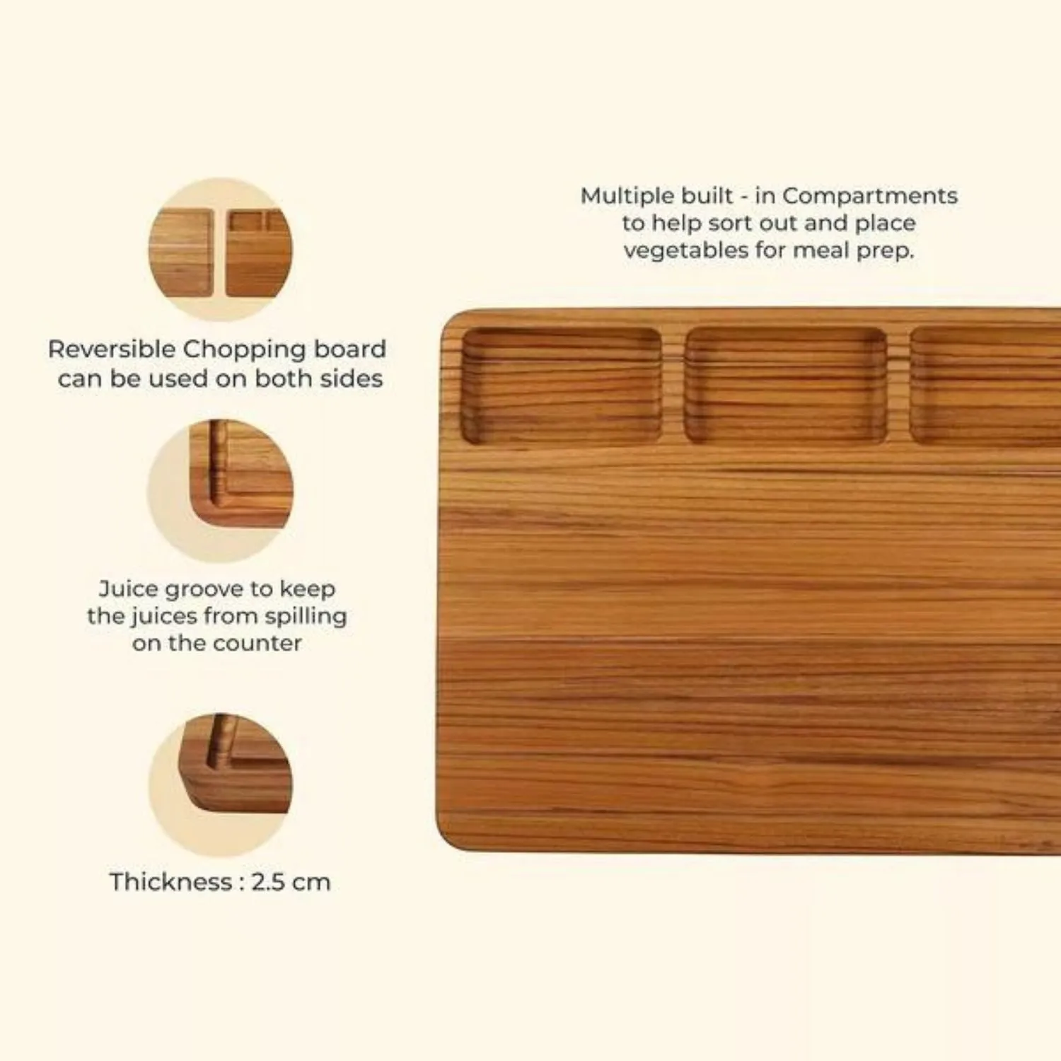 Chopping Board | Premium Teak Wood | Reversible | Juice Groove | Hangable | 17"
