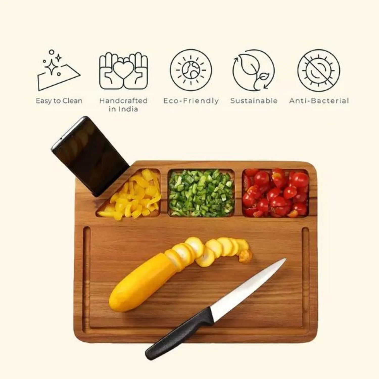 Chopping Board With Mobile/Tablet Holder And Juice Groove | Teak Wood | 16"