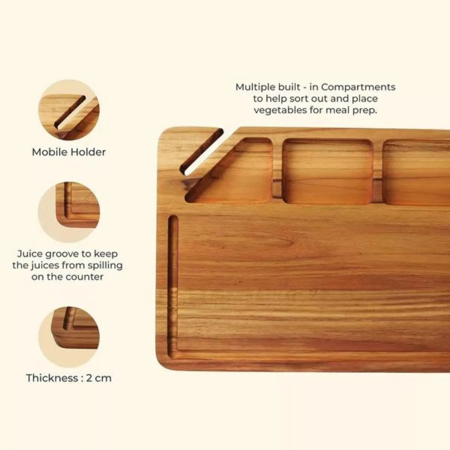 Chopping Board With Mobile/Tablet Holder And Juice Groove | Teak Wood | 16"