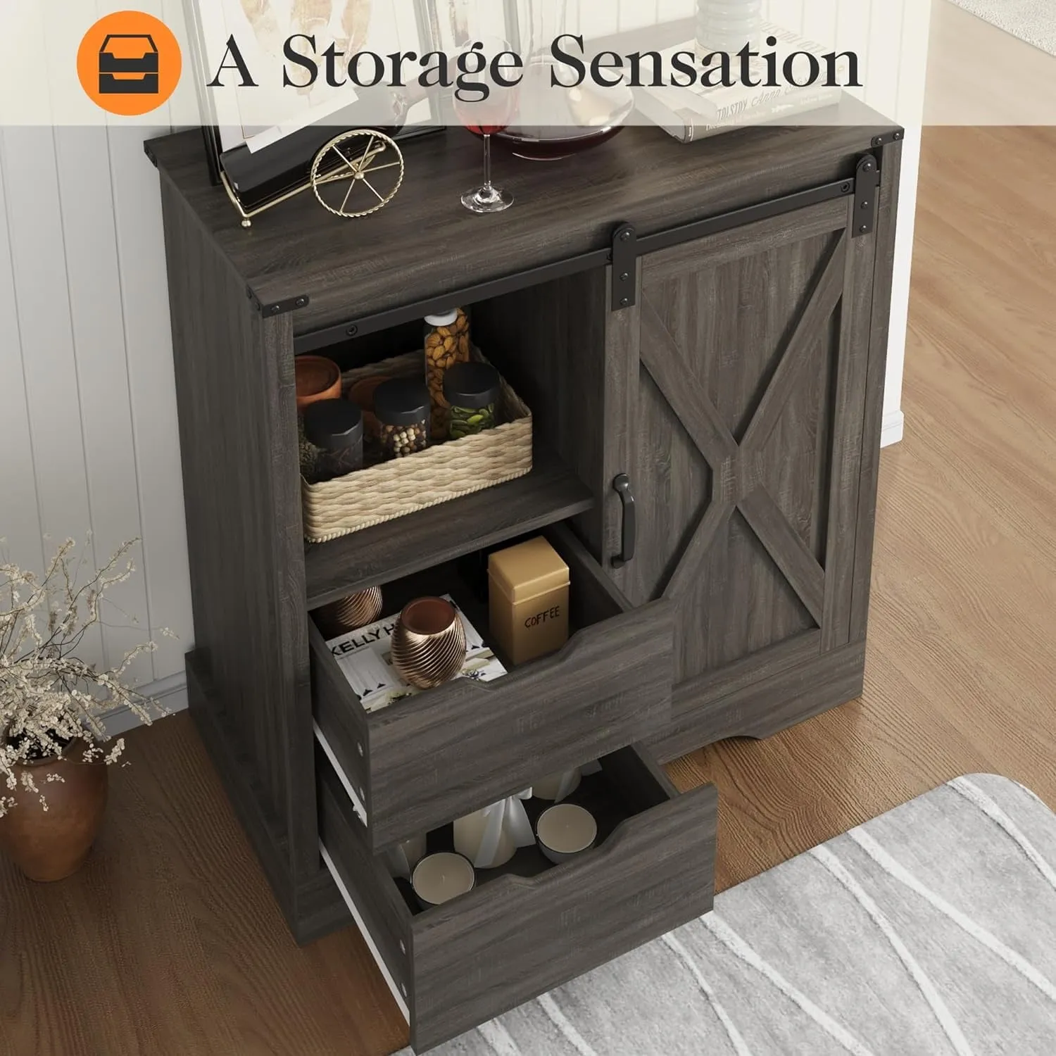 CozyHom Kitchen Pantry Storage Cabinet With Drawers and Shelves, Wine Bar Buffet Cabinet Liquor Bar Sideboard, Gray