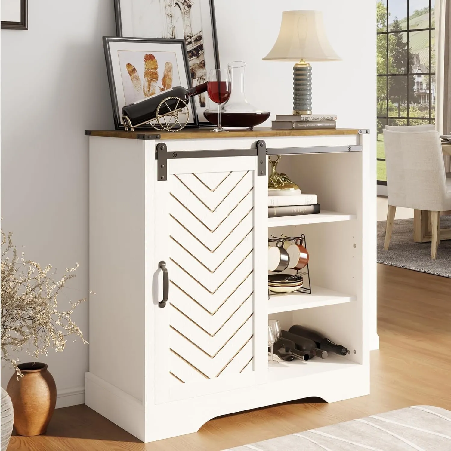 CozyHom Kitchen Pantry Storage Cabinet With Drawers and Shelves, Wine Bar Buffet Cabinet Liquor Bar Sideboard, Gray