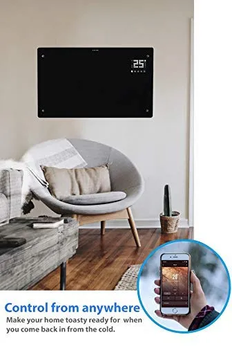 Devola Designer 1500W WiFi Enabled Electric Glass Panel Heater 24 Hour 7 Day Digital Timer With Thermostat Ultra Slim Design 1.5kW Electric Radiator, Wall Mounted Or Free Standing (1500Watts)