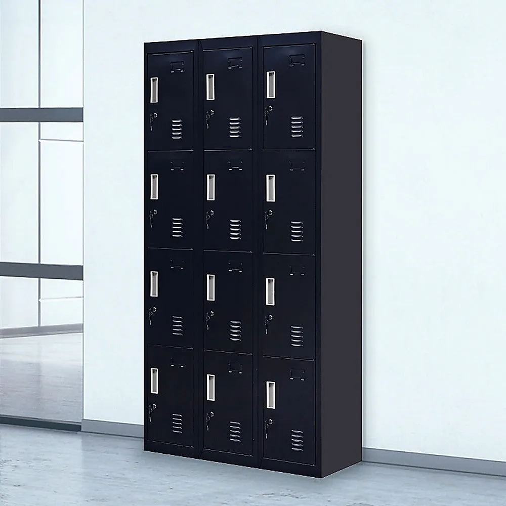 Durable 12-Door Locker, Black, Ventilated, Steel Storage Unit