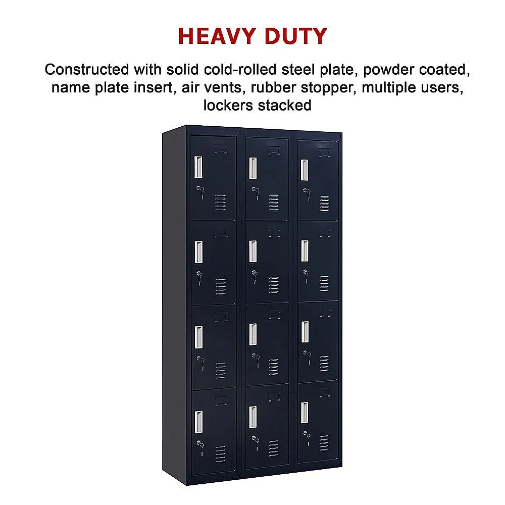 Durable 12-Door Locker, Black, Ventilated, Steel Storage Unit