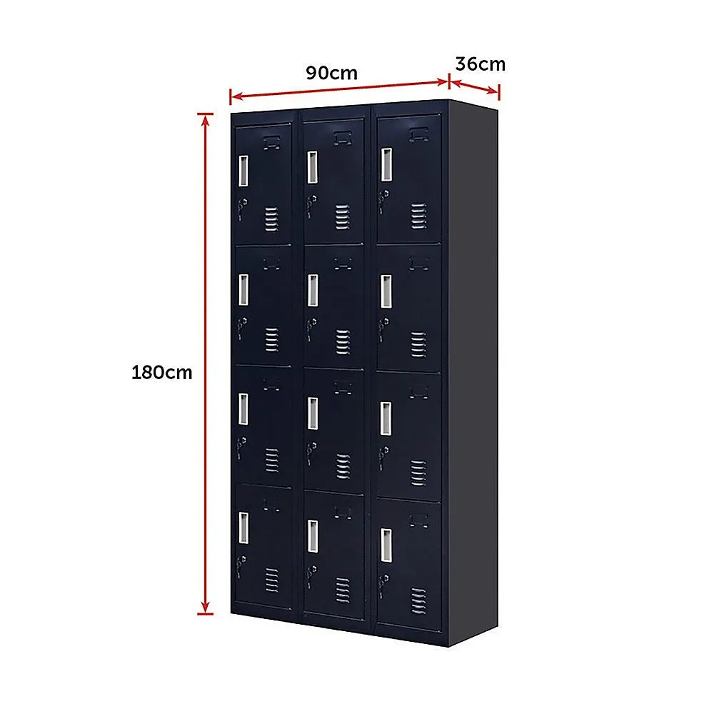 Durable 12-Door Locker, Black, Ventilated, Steel Storage Unit