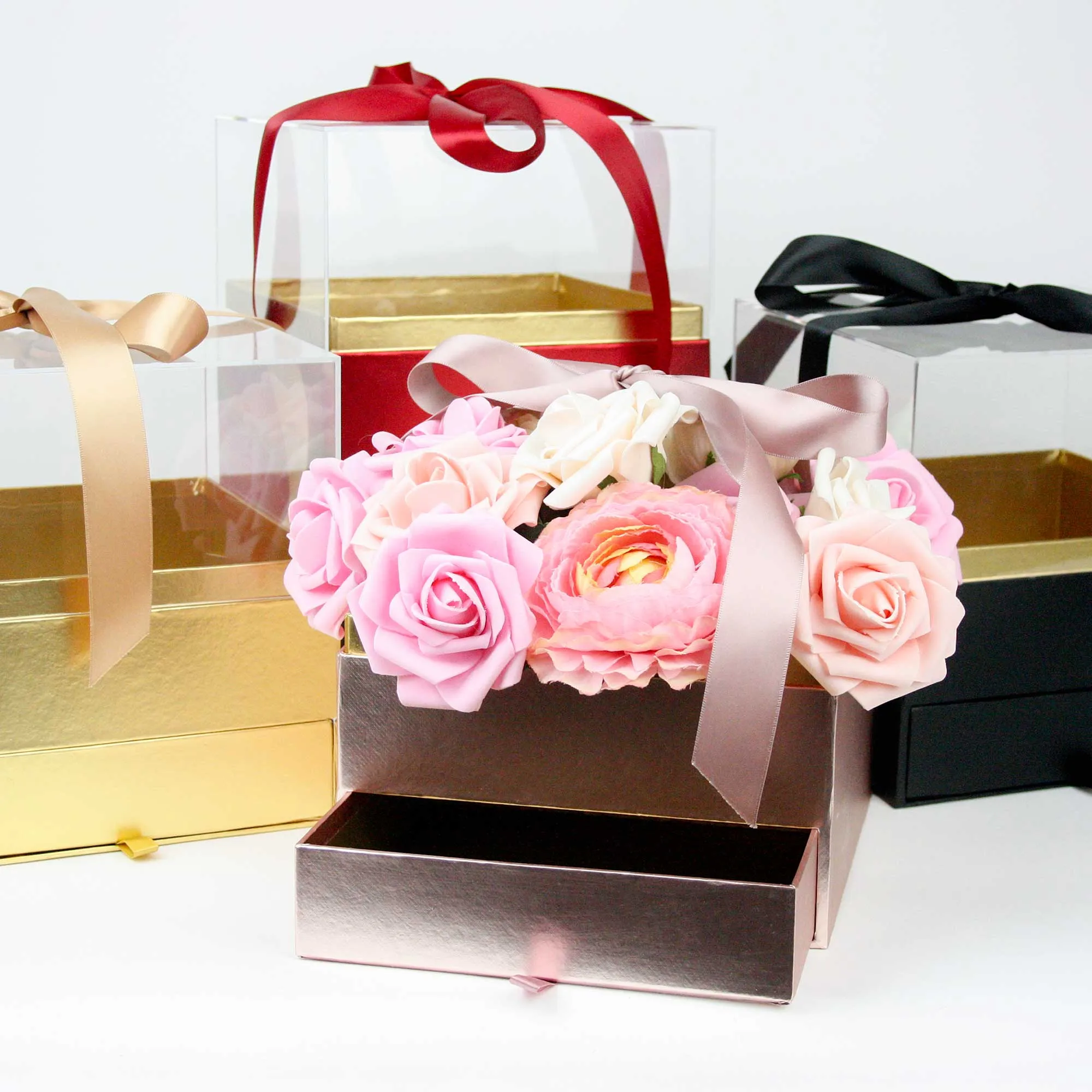 Elegant Clear Lid Gift Box with Ribbon and Drawer for Special Occasions - Gold