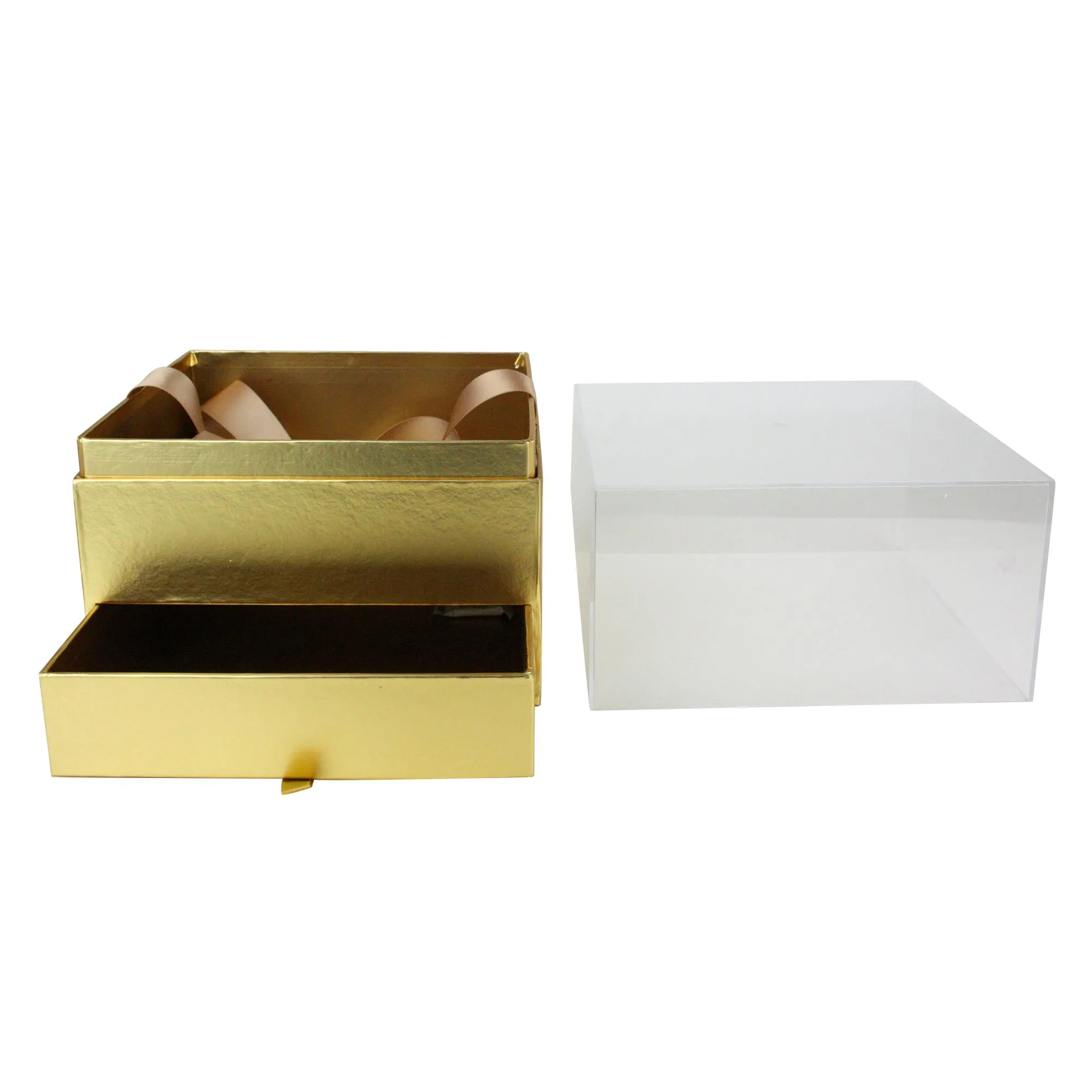 Elegant Clear Lid Gift Box with Ribbon and Drawer for Special Occasions - Gold