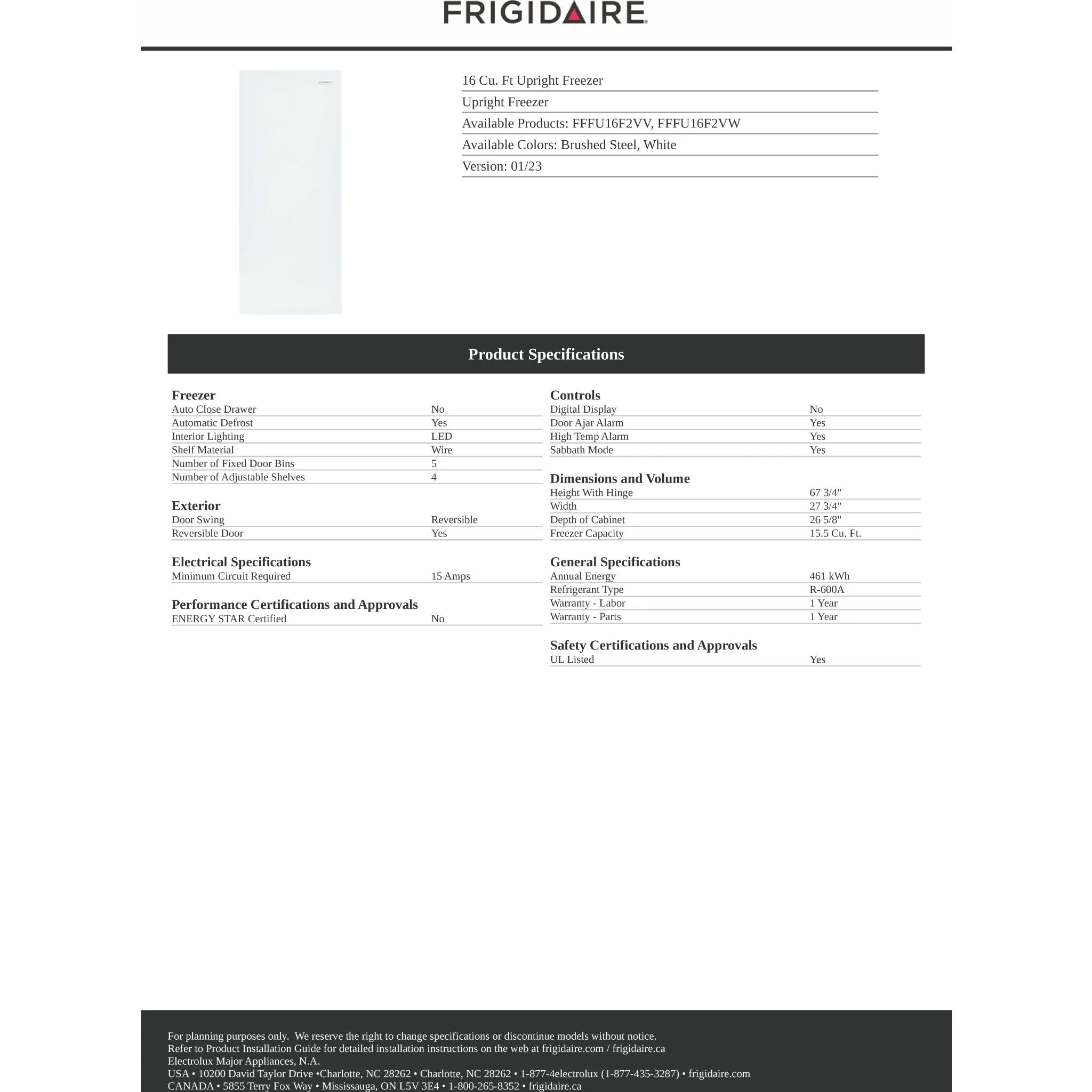 Frigidaire Upright Freezer (FFFU16F2VV) - Stainless Steel