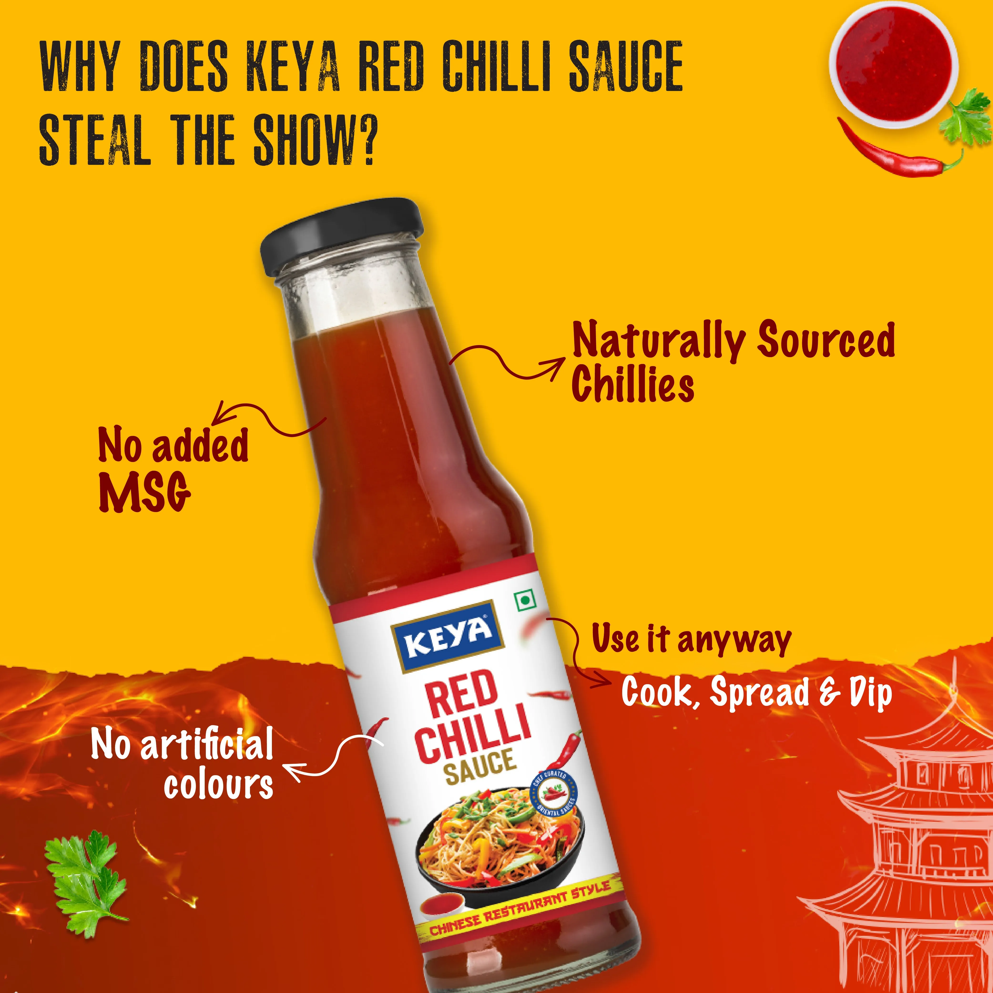 Keya Chinese Sauce Combo- Red Chilli Sauce 200g, Green Chilli Sauce 190g, Dark Soya Sauce 210g, Combo Pack 3