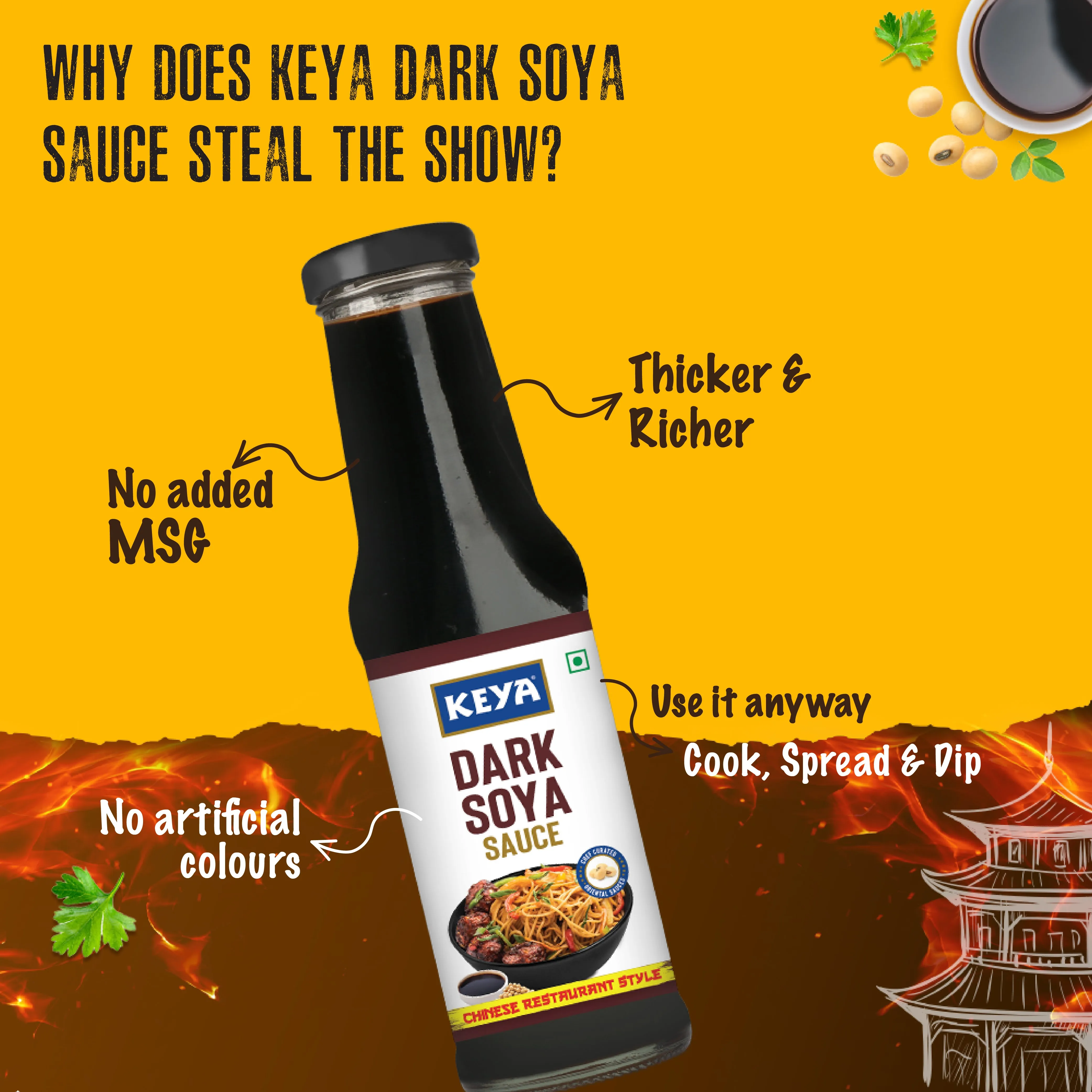 Keya Chinese Sauce Combo- Red Chilli Sauce 200g, Green Chilli Sauce 190g, Dark Soya Sauce 210g, Combo Pack 3