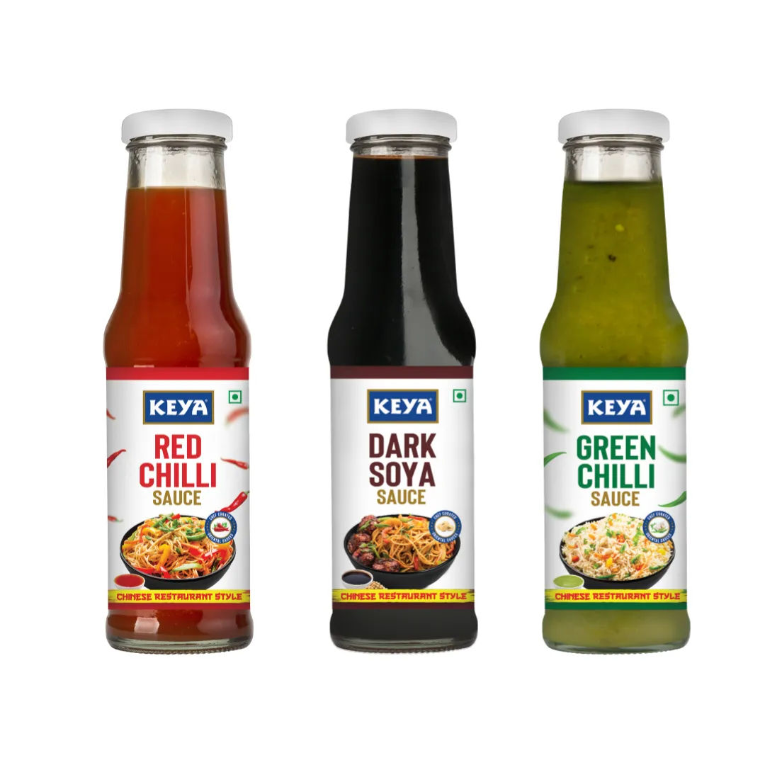 Keya Chinese Sauce Combo- Red Chilli Sauce 200g, Green Chilli Sauce 190g, Dark Soya Sauce 210g, Combo Pack 3