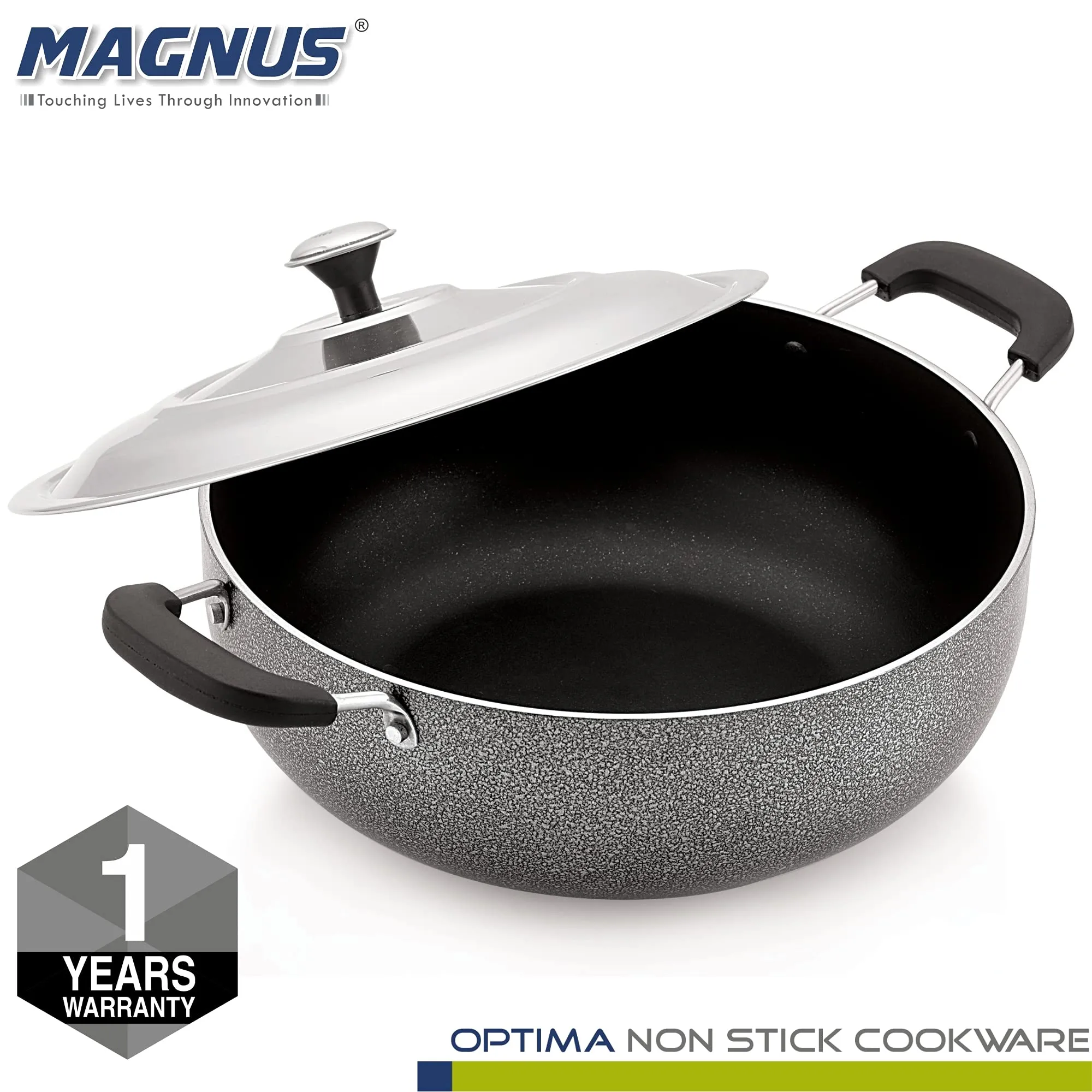 Magnus Optima Non-Stick Aluminum Deep Kadai with Stainless Steel Lid, 2.5 Litres, Hammertone Finish,(Black & Grey)