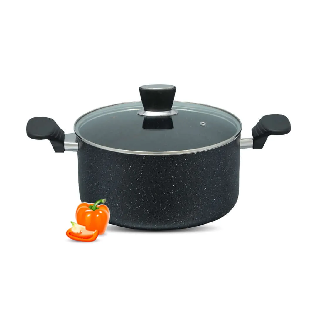 Marble Coated Casserole (Daigchi/Handi/Baigona) with Glass Lid - Black