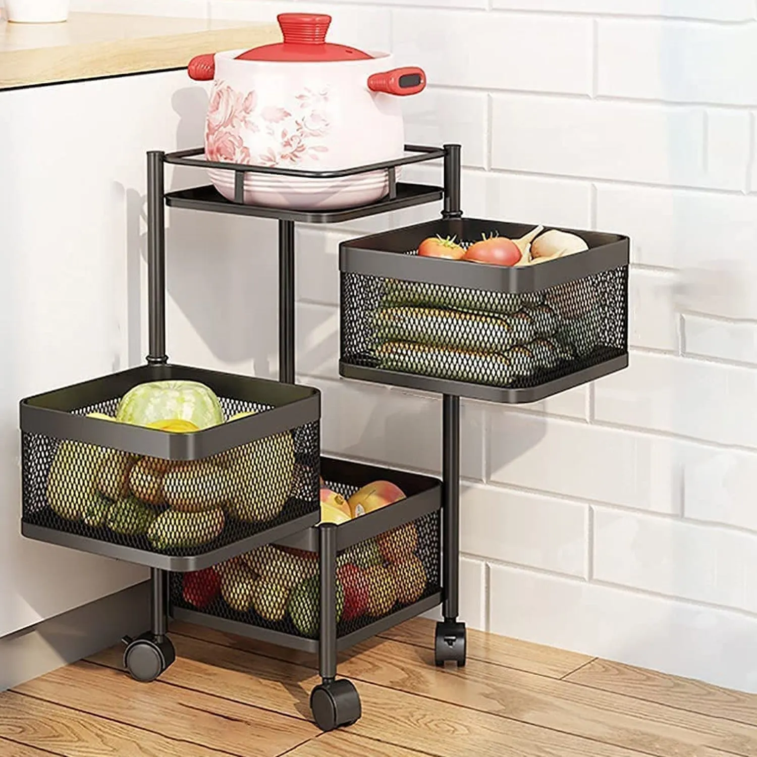 High-Quality Metal Kitchen Trolley Organizer with 3 Layers, Wheels, and Square Design for Fruits, Vegetables, and Onion Storage