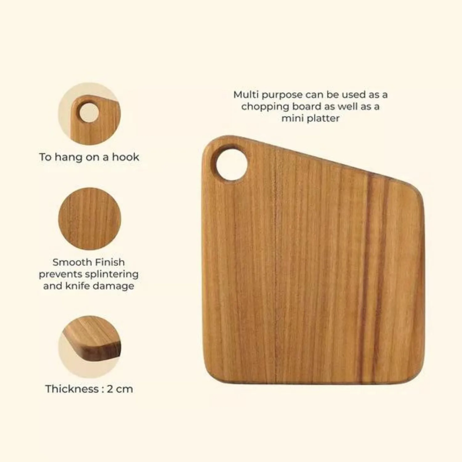 Mini Chopping Board / Serving Platter | Teak Wood | Hangable | Smooth Finish | 7"