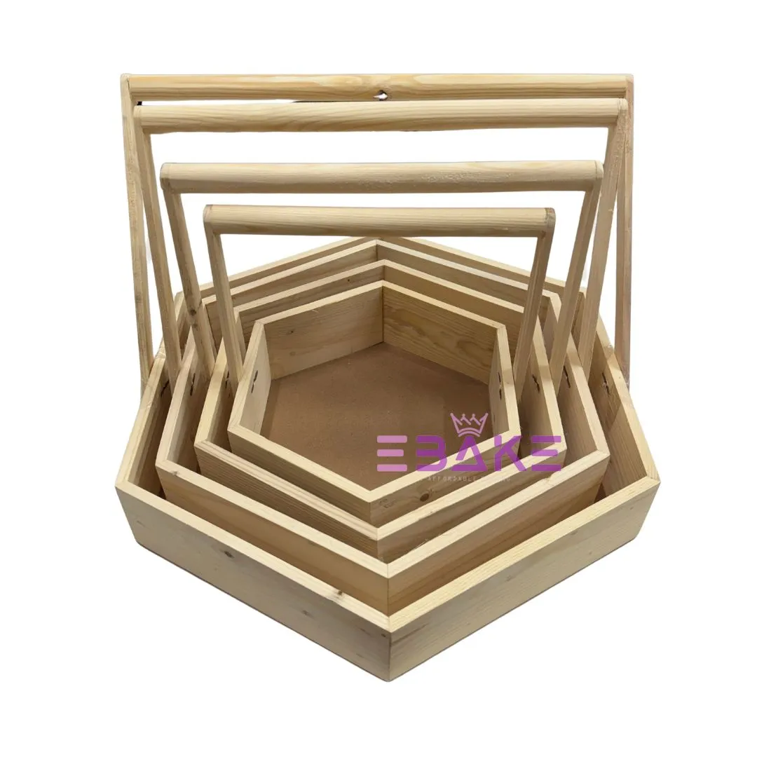 Pinewood Tray / Hexagon Wooden Hamper Basket With Handle