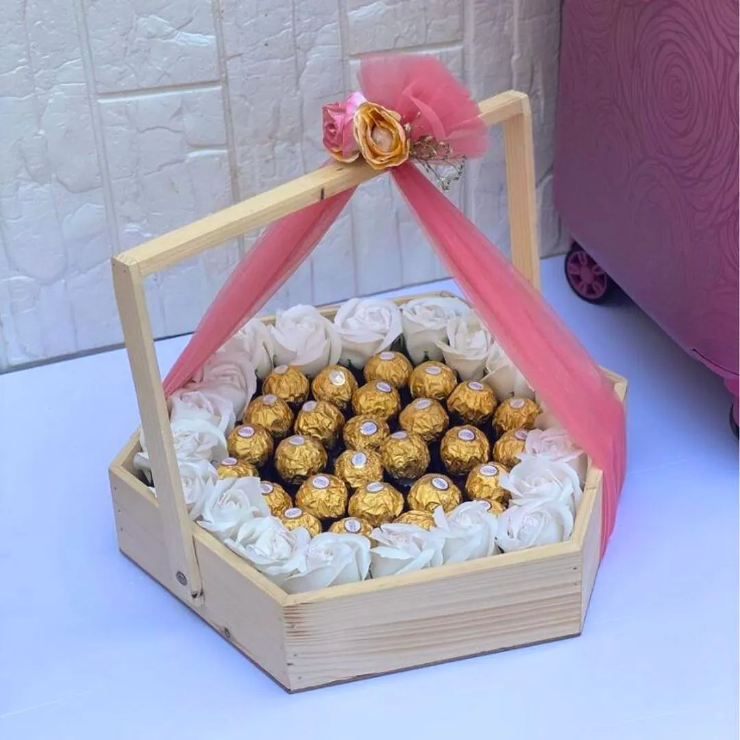 Pinewood Tray / Hexagon Wooden Hamper Basket With Handle